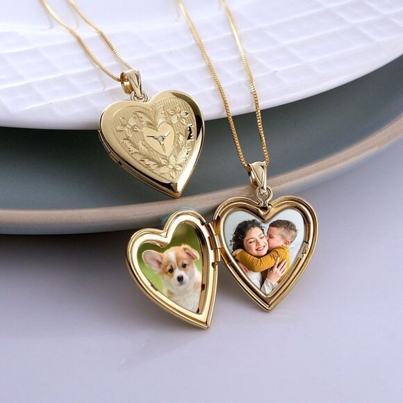 Women's 14K Gold Filled Floral Heart Photo Locket with Diamond - 3/4 inch x 3/4 - Picture 5 of 8